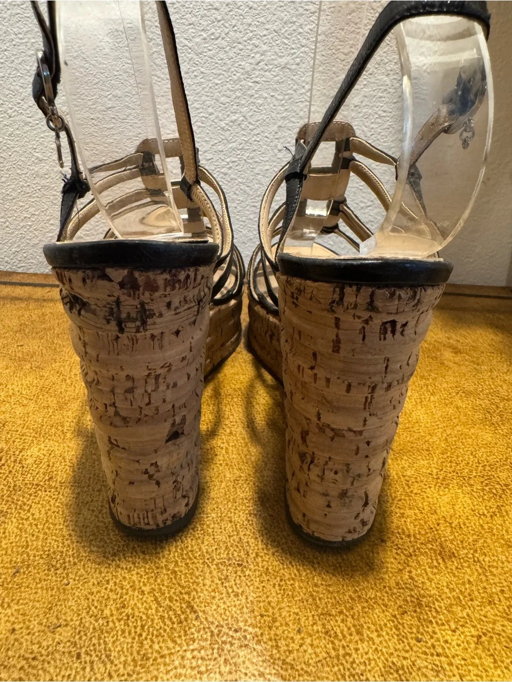 CHANEL Black Leather Strappy Cork Wedge Sandals Retail $1200
